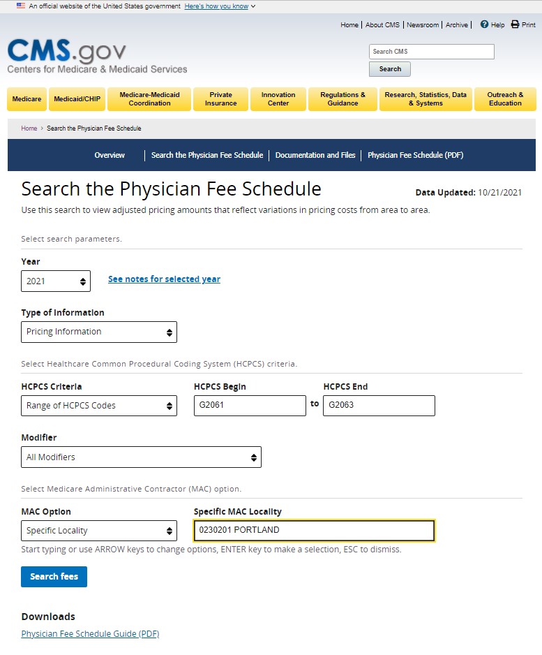 A screenshot of the CMS Physician Fee Schedule Search in 2021.
