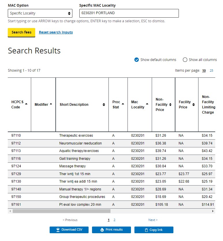 Results from using CMS's Physician Fee Schedule Tool in 2021.